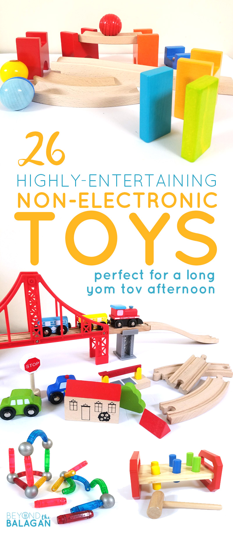 These 26 non-electronic toys and games include ideas for all ages! They are perfect for long yom tov and holiday afternnons, including Rosh Hashanah, sukkot, sukkos, and even yom kippur for little kids. You'll find cool toys appropriate to play on Pesach/Passover and Shavuot too. 