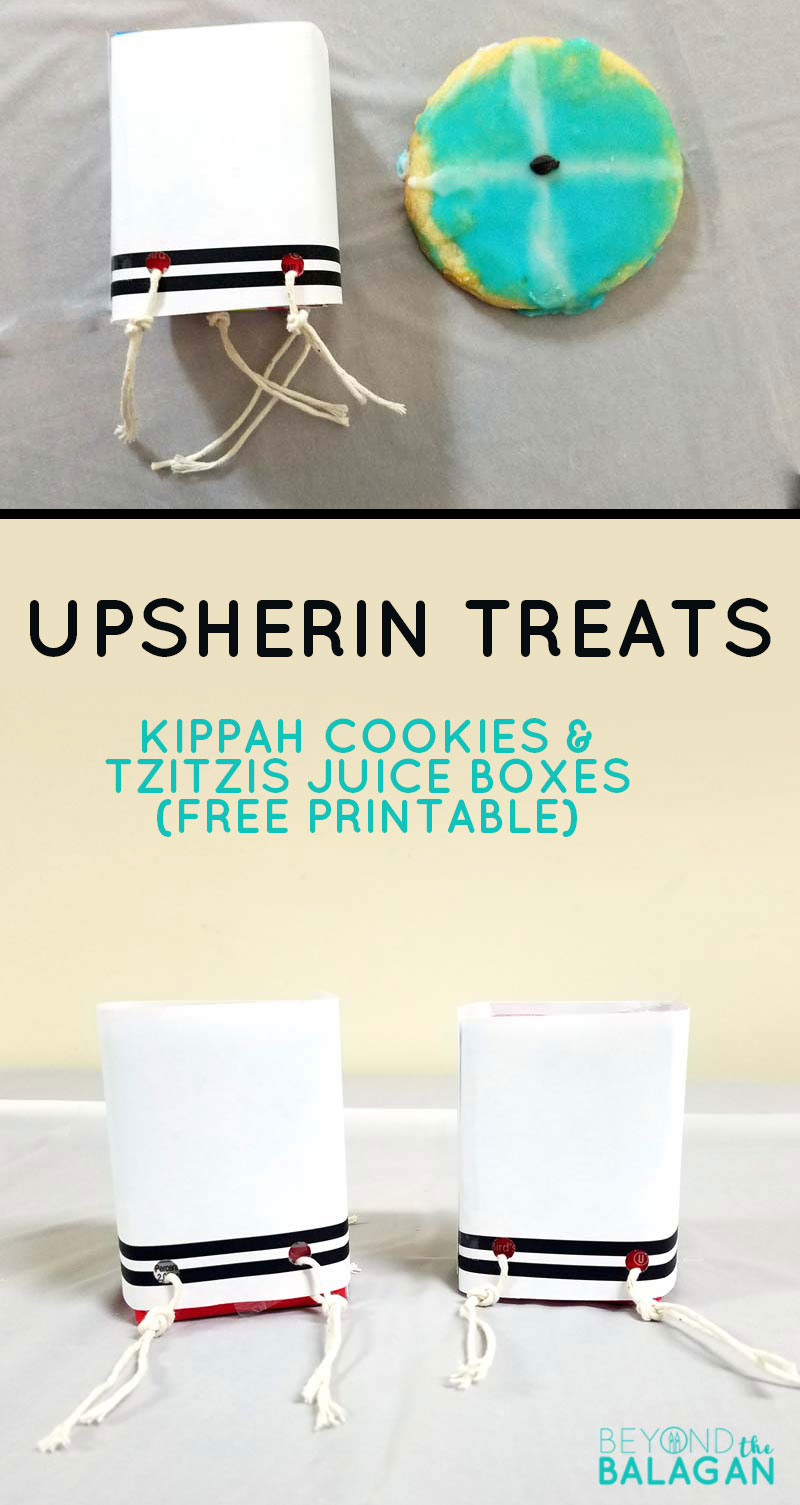 These kippah cookies and tzitzis juice box upsherin treats are so cute! They are adorable for a Jewish third birthday party for boys!