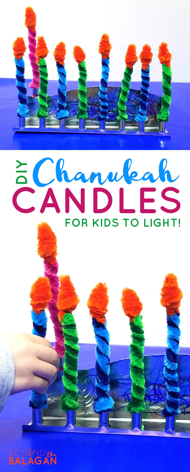 Make these Chanukah candles for kids to keep them safe when lighting the menorah! This fun Hanukkah Craft is a great way to involve your preschooler or toddler with the holiday. #Hanukkah #chanukah