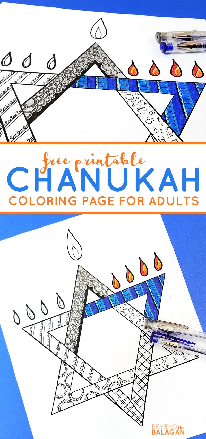 The chanukah coloring page for adults is so beautiful - grab your free printable Hanukkah coloring page for adults today - great craft idea for a party or event. Perfect for teens and tweens too! #Chanukah #hanukkah 