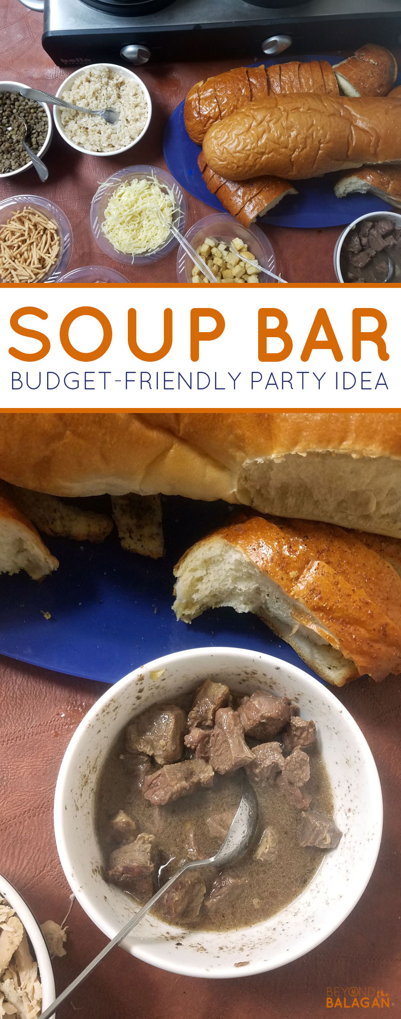 A soup bar is an easy and affordable way to host a meat buffet for a crowd! Click to learn how we did it.