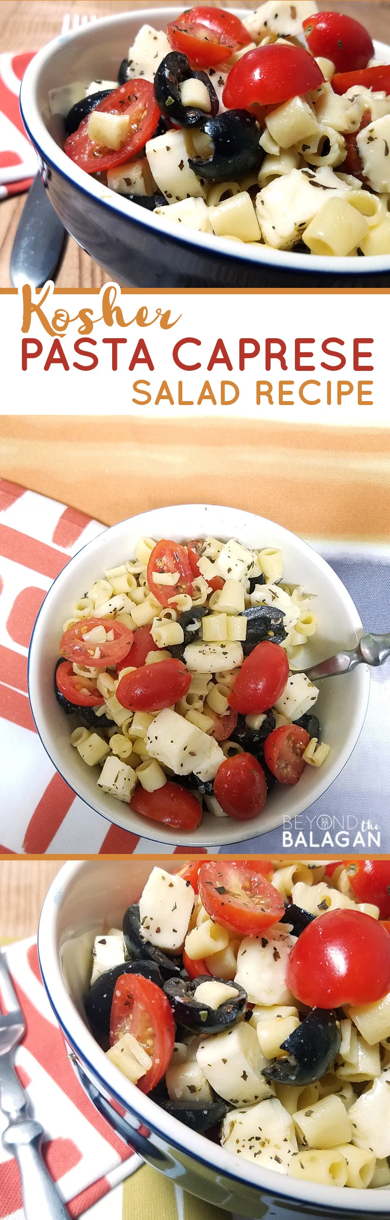Make this delicious pasta caprese salad - a yummy pasta salad recipe that's Kosher, dairy and easy to make! It's kid-friendly and allergy safe too! #recipes #allergyfriendly #pasta #pastasalad #kidfriendly #allergysafe #kosher #kosherfood #kosherrecipe
