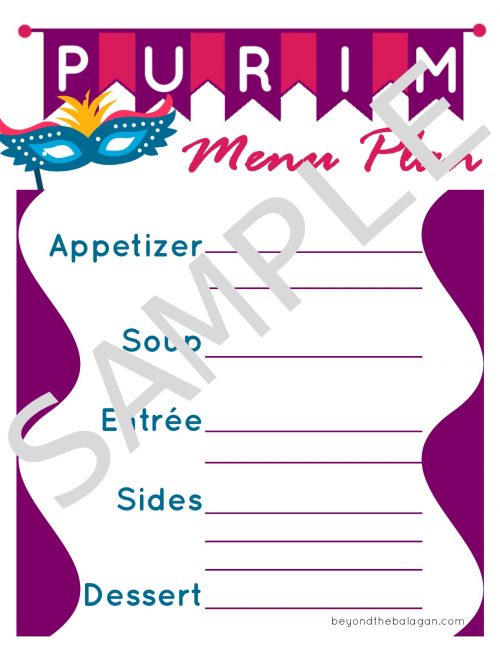 This Purim menu planner will help keep a busy day more organized. Fill out this colorful and simple Purim menu planner so you can see what you're serving with just a quick glance. #Purim #MenuPlanner