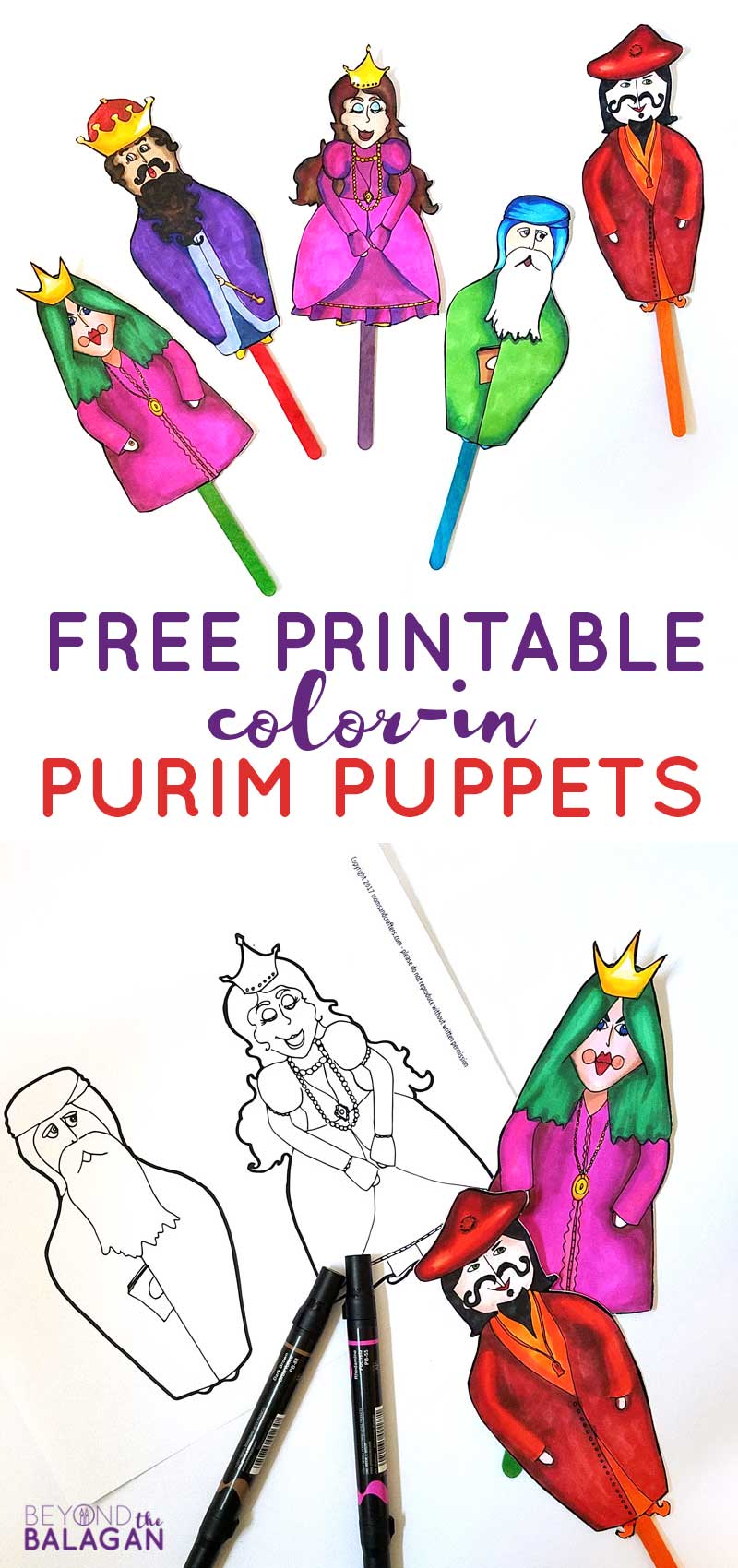 If you're looking for a great Purim activity for kids and families, thesea adorable Purim puppets are spot on! The free printable coloring pages for Purim are a paper craft to turn into puppets and are perfect for all ages. Enjoy! #purim #jewishcraft #jewish