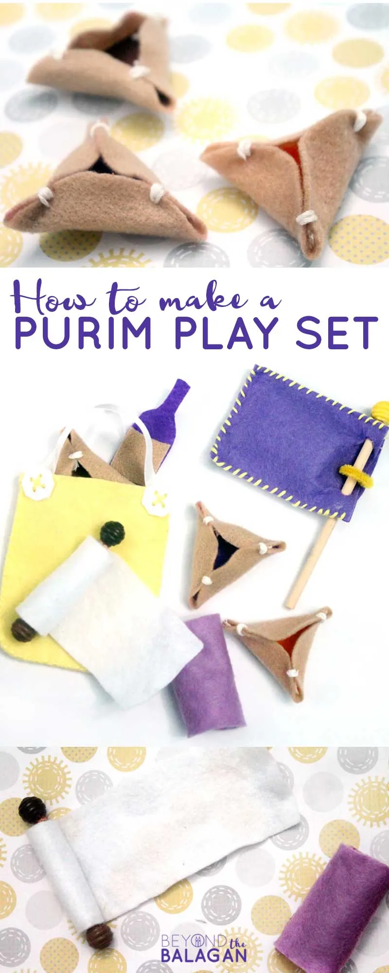 This adorable felt purim toy is easy to make yourself! Includes DIY pretend hamantashen and more, perfect craft for the Jewish holiday of Purim. #purim #hamantashen #diytoy 