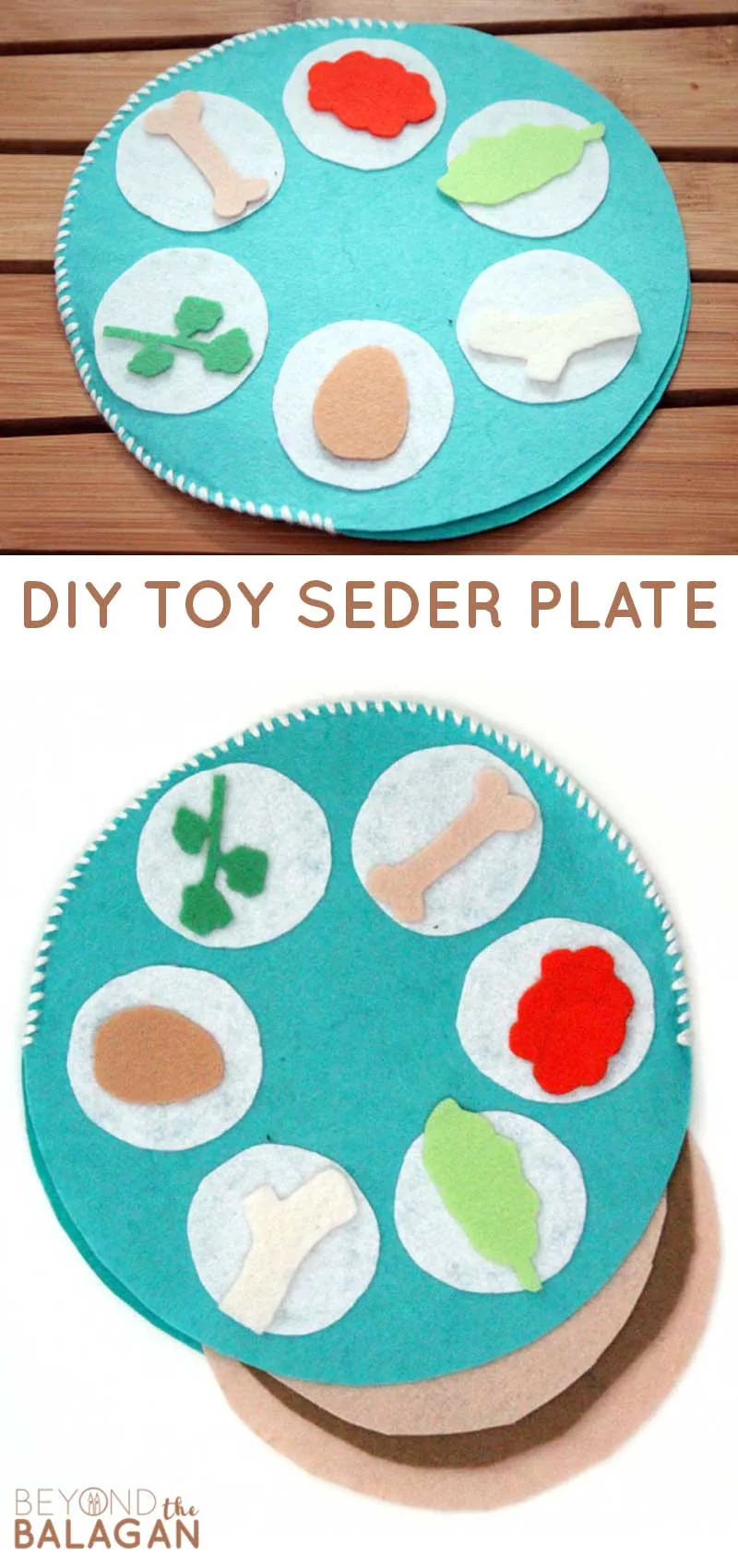 Make this really fun Pesach toy - a felt seder plate for passover. This Pesach craft is fun for toddlers to play with! #passover #pesach #beyondthebalagan
