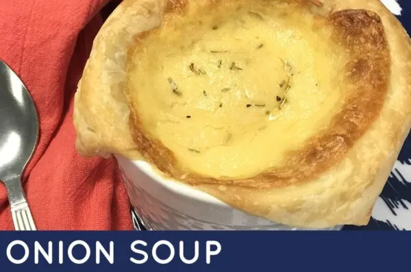 onion soup with cheesy pastry crust