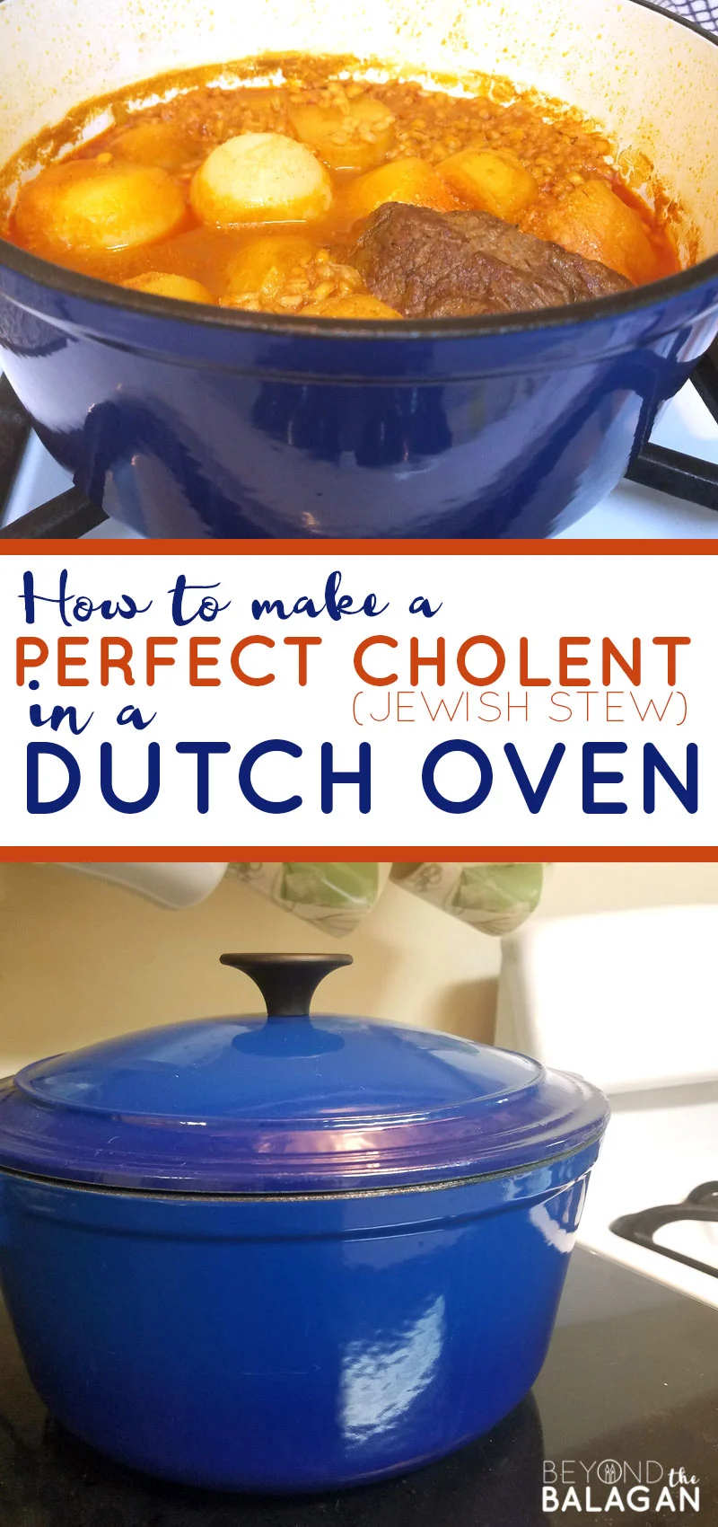 Click for the recipe that made me start loving Cholent - or Jewish slow cooked overnight stew! This is the best cholent recipe ever according to my husband. Make it in the dutch oven or in a crock pot or regular pot - but a le creuset dutch oven is best #jewish #cholent #recipe #jewishcuisine #jewishcooking #kosher #kosherrecipe