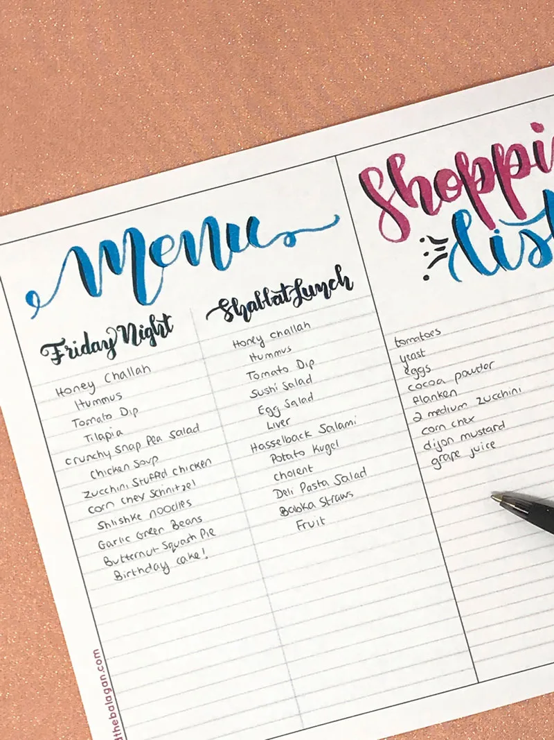 Shabbat menu planner and shopping list free printable