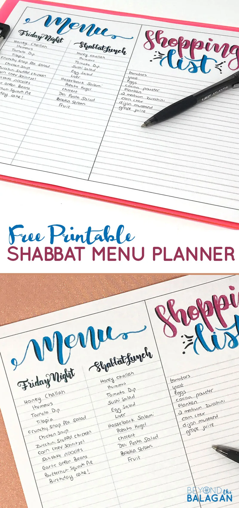 Click to grab your FREE printable copy of this beautiful brush lettered Shabbat menu planner - perfect for Shabbos meal planning! You'll love this resource to make prepping for the Jewish sabbath easier! #shabbat #shabbos #jewishholidays