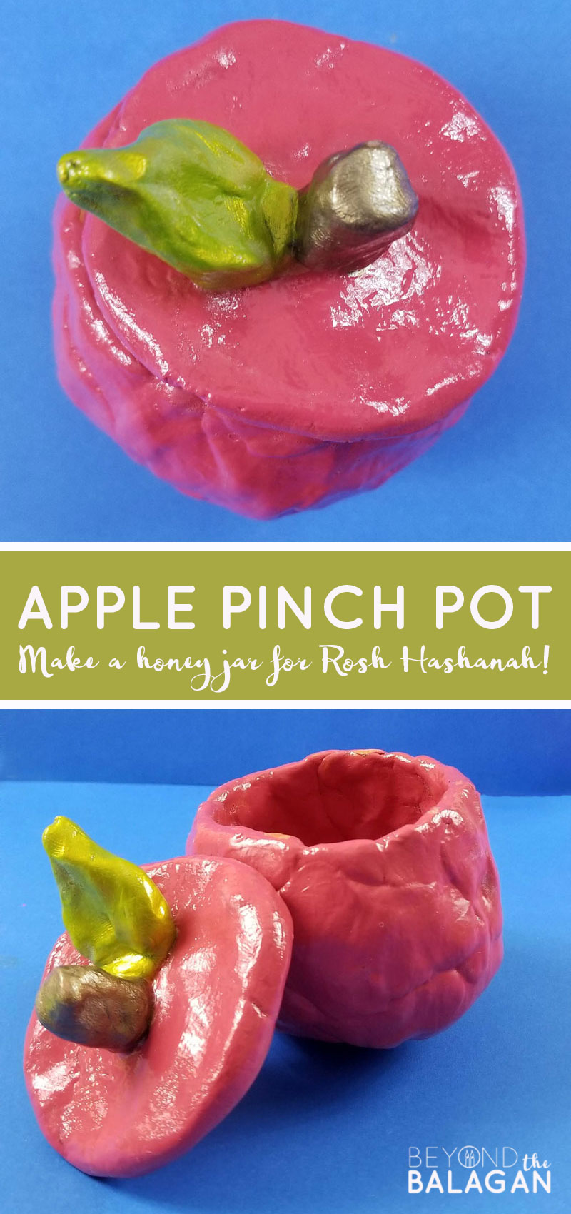 Make your own apple-shaped honey pinch pot for Rosh Hashanah! This apple honey dish is a wonderful Jewish New Year craft for kids or back to school teacher gift! 