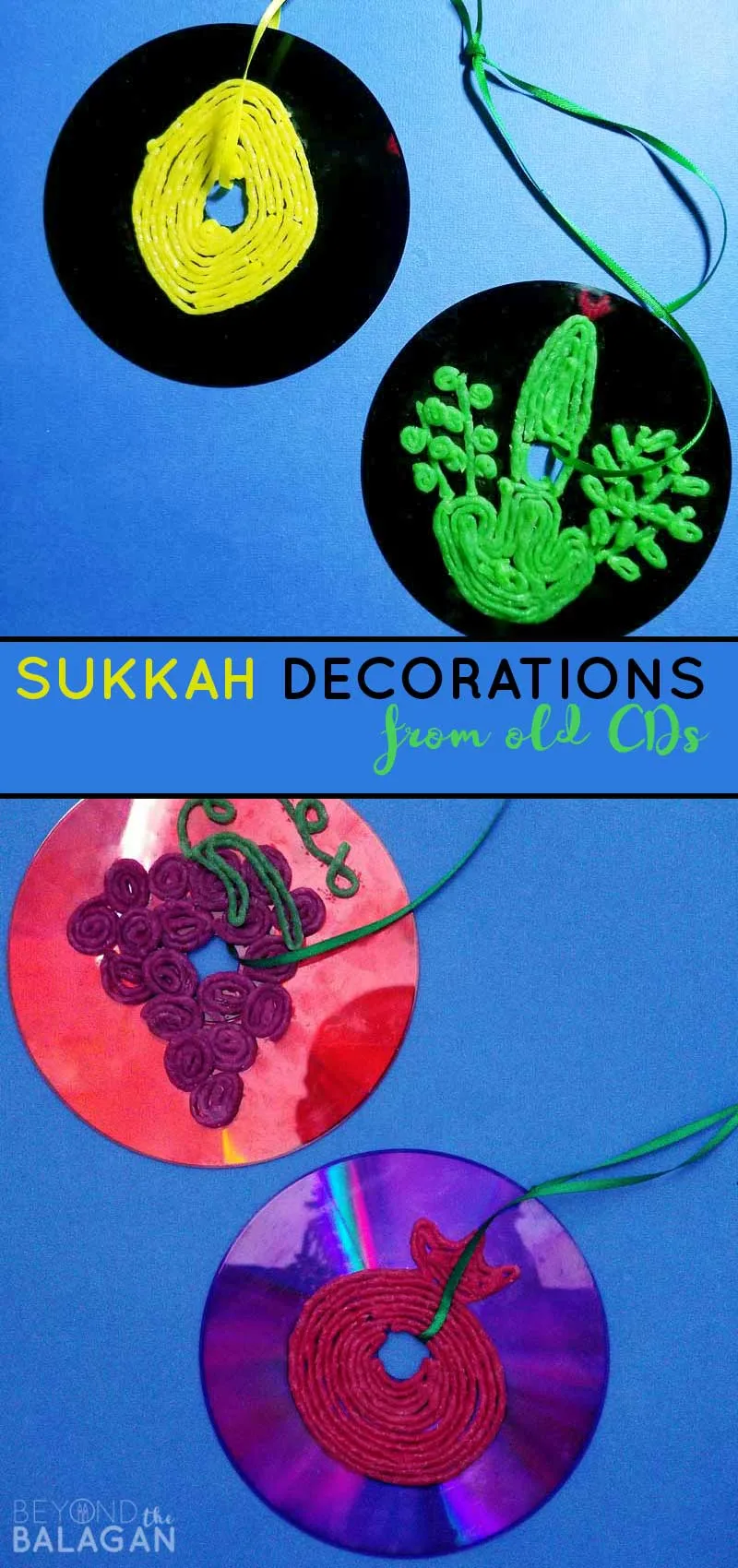 Click to learn how to make these beautiful Sukkah decorations with children from old CDs! They are at least somewhat waterproof, easy and kids and adults, as well as toddlers can make these! 