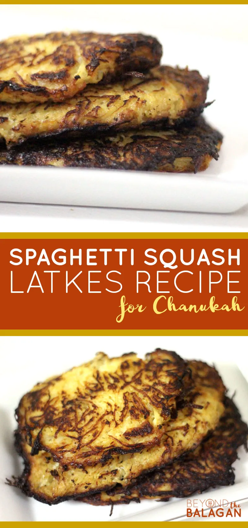Click for the recipe to make these delicious spaghetti squash latkes recipe for Chanukah or Hanukkah. this is a great way to celebrate Chanukah with kids and perfect traditional latkes recipe for a family Hannukah party. 