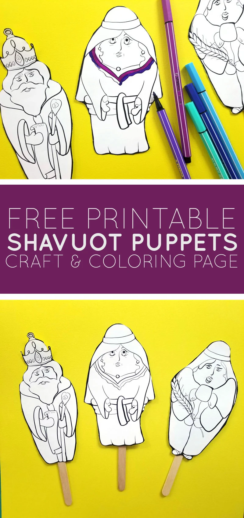 Click to download free printable shavuot coloring puppets! These fun Ruth and Naomi stick puppets are great for teaching about the Book of Ruth and the holiday of Shavuos.