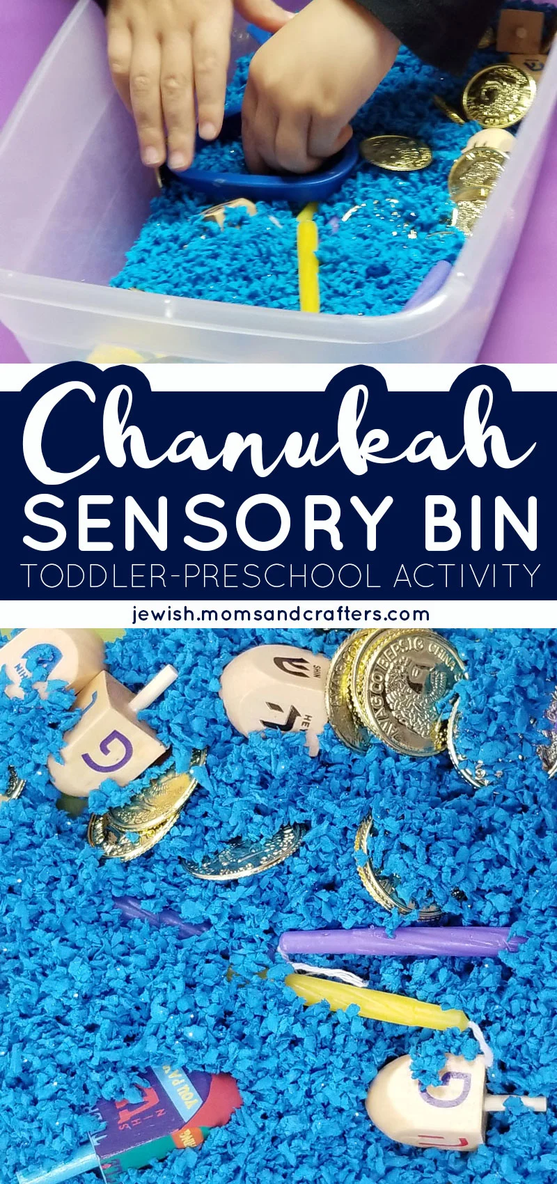 Click for one of my favorite preschool activities for Hanukkah - a unique Chanukah sensory bin! This is a fun toddler activity for two years old and up, featuring dreidels, candles, and more!