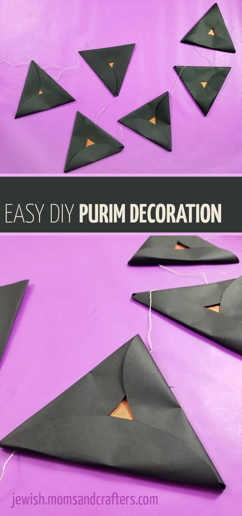 Click for an easy tutorial to make folded paper hamantaschen and turn them into a garland style Purim decoration! This classy and easy DIY purim decorating idea is great for classrooms or Purim parties and can be made by any age group.