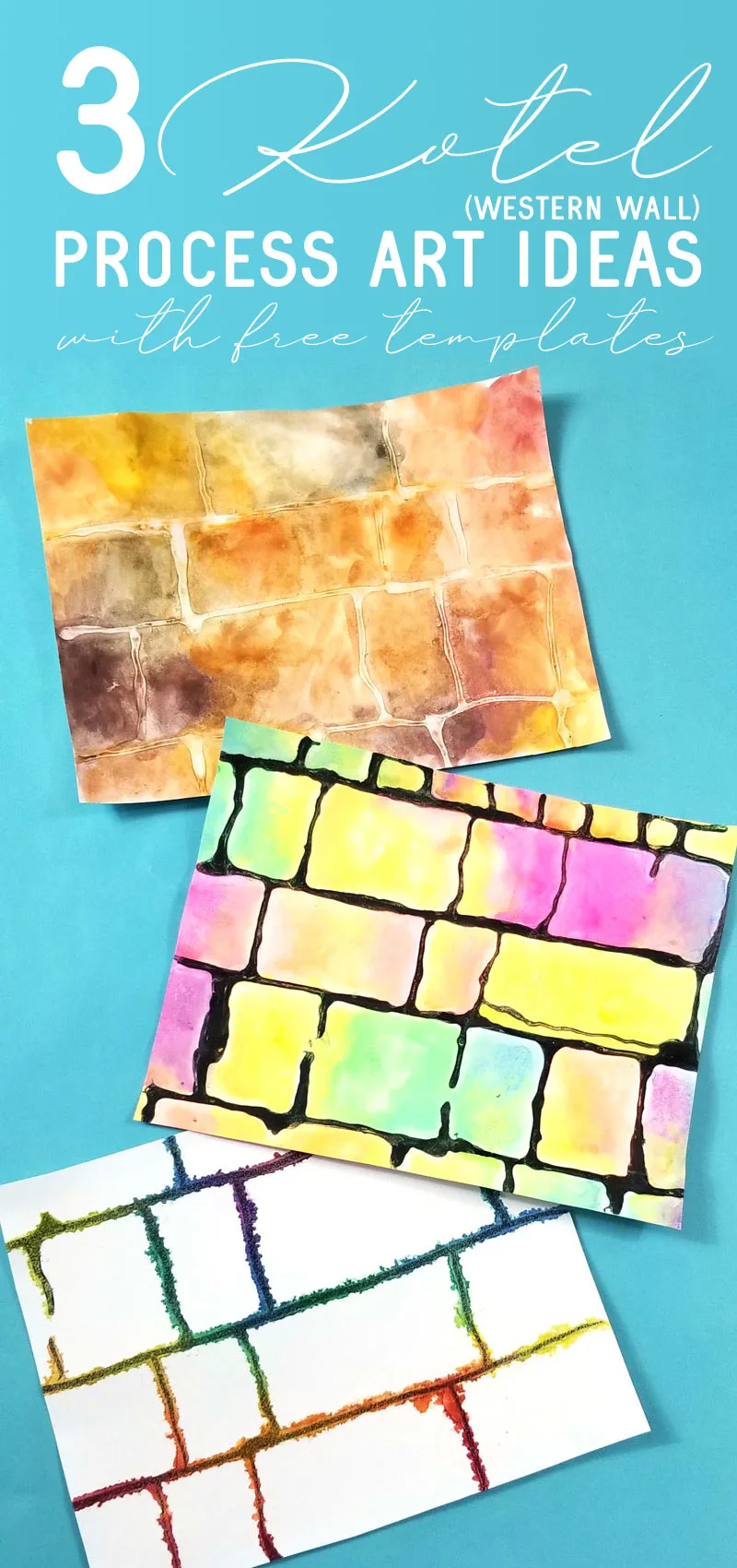 Click for a free template to make three kotel process art projects - fun Jewish art projects for kids and adults! These watercolor process arts are a great idea for Hebrew School, Tishah B'av crafts, Sukkah decorations, and for Israel themed celebrations.