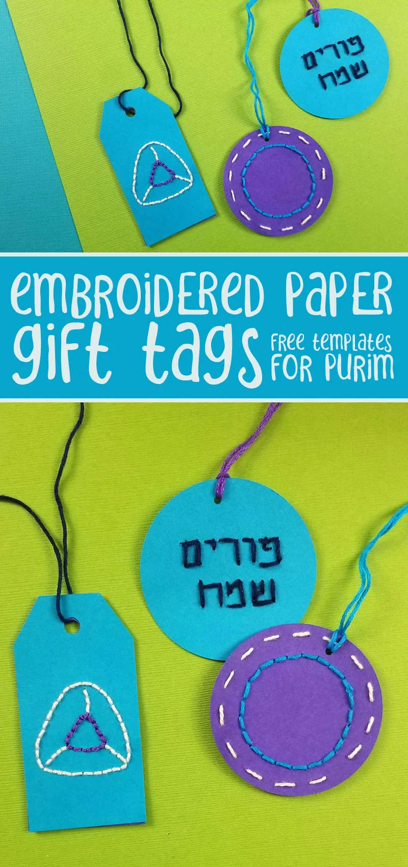 Purim gift tags that are made from stitched paper are a fun Purim craft for kids (if pre-punched), teens, and adults. Learn how to sew paper and embroider cool designs on cardstock gift tags.