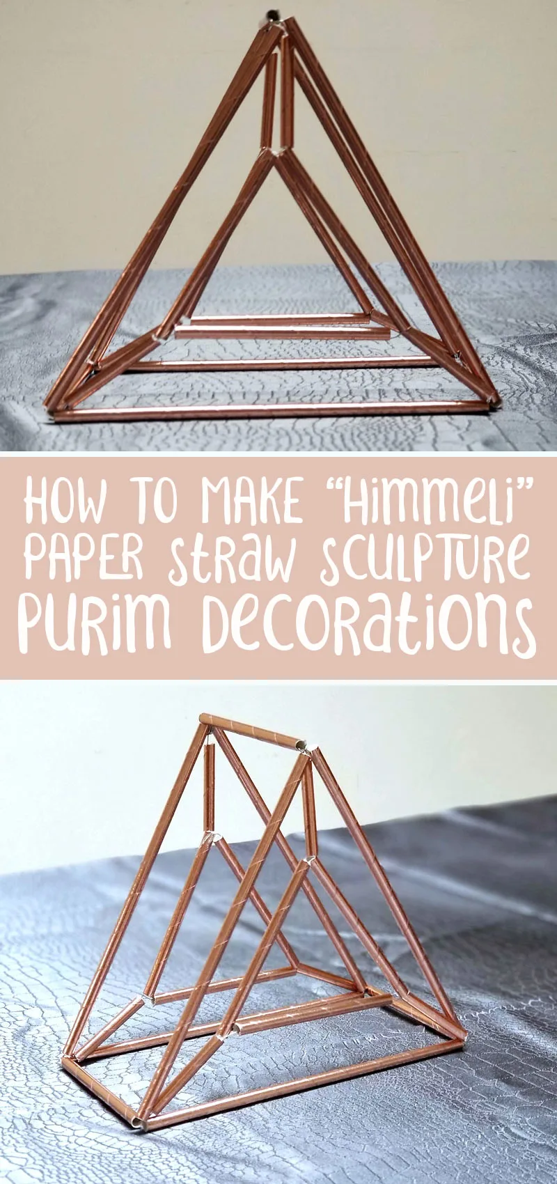 Looking for a cool Purim craft for adults? These himmeli hamantaschen crafts made from paper straws are way cool and are presented in a gorgeous Purim tablescape.