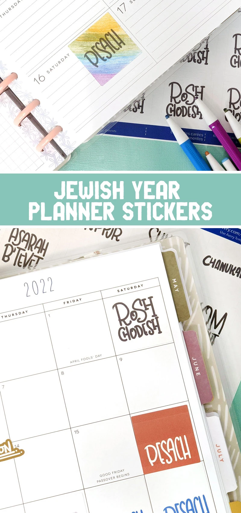 Enjoy these Jewish holiday stickers - perfect for planners and calendars, including a free printable!