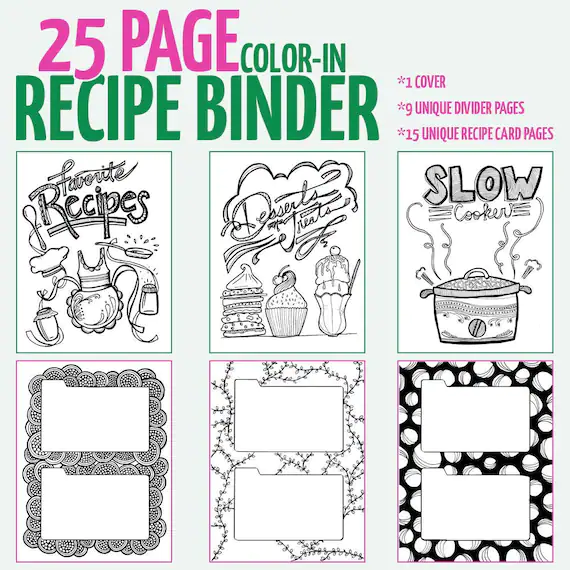 Printable Recipe Binder Pages Color-in Recipe Binder | Etsy