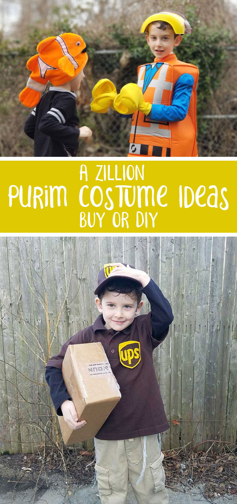 costume ideas for Purim collage with UPS costume and siblings