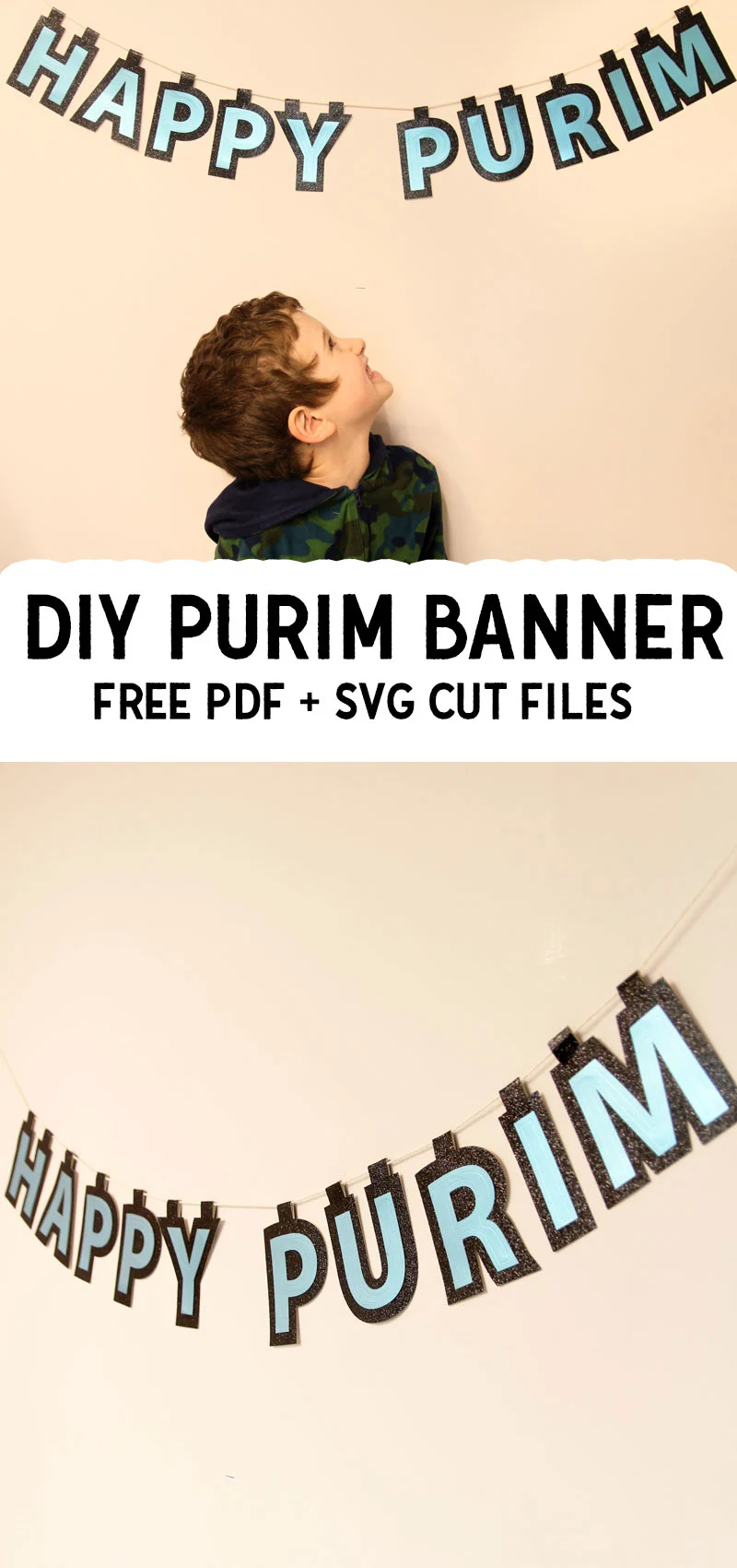 Happy Purim banner collage with young child looking up