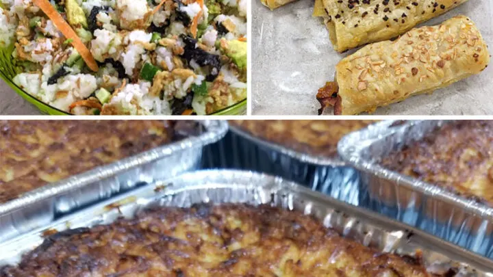 collage of different shabbat lunch ideas and menu plans