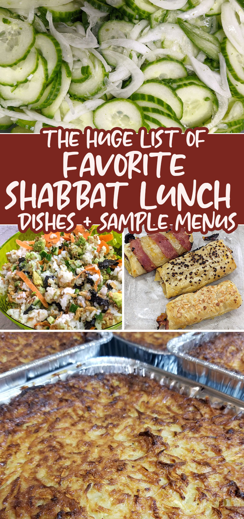 collage of different shabbat lunch ideas and menu plans