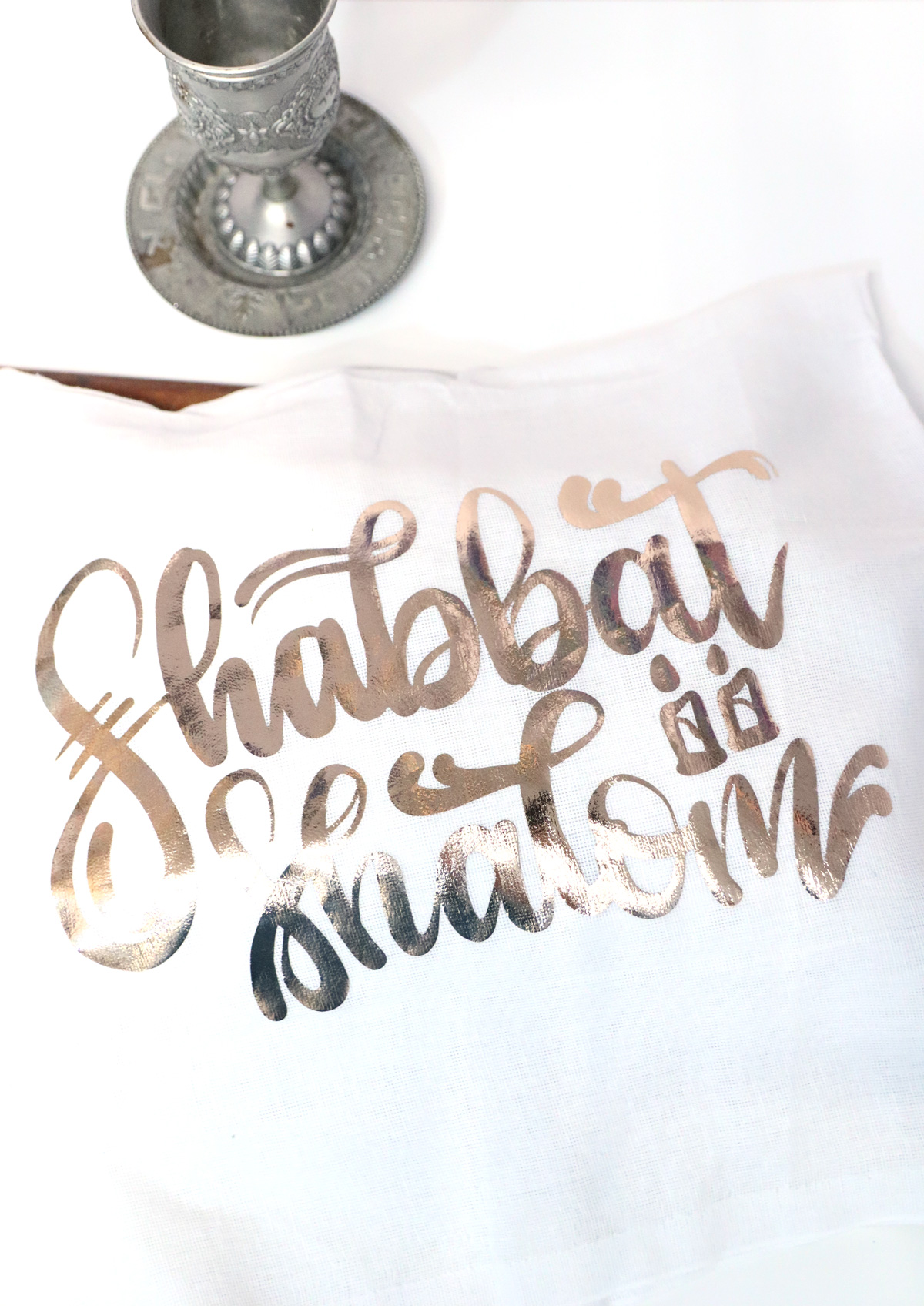 diy English shabbat shalom challah cover with a kiddish cup 