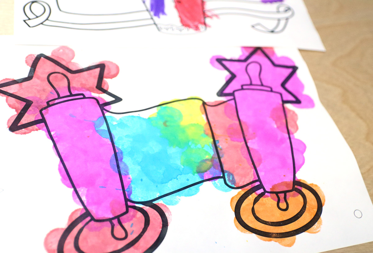 detailed shot of the colored in printable simchat torah flags craft