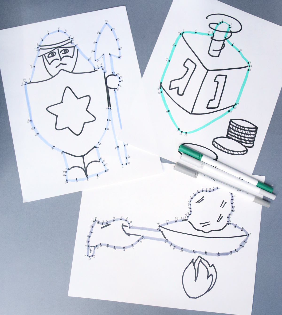 Maccabi, Dreidle, and Latke Hanukkah dot to dot printable sheets